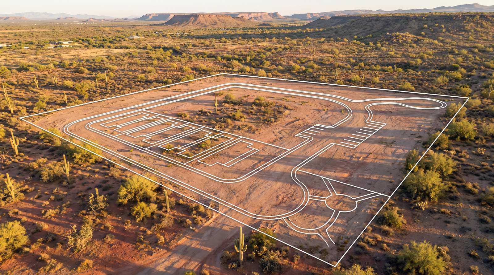 A desert parcel from the air with a concept site plan drawn over it